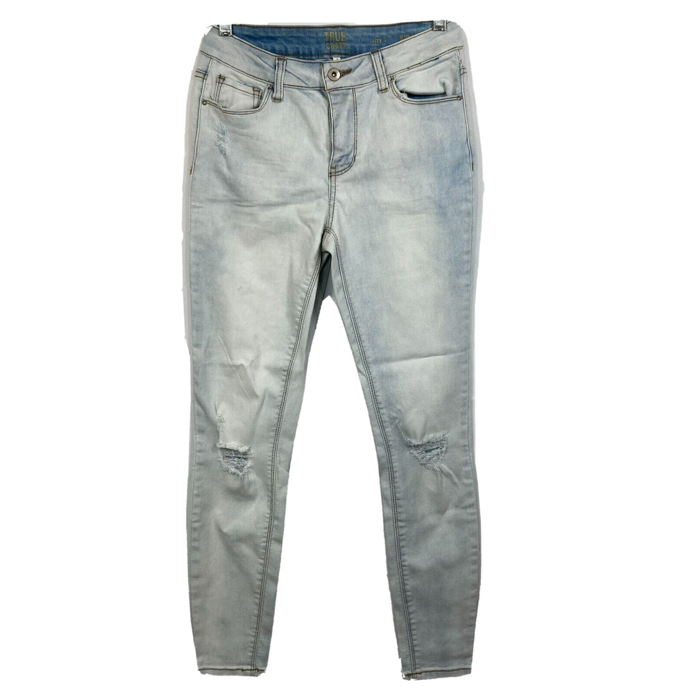True Craft Jeans‎ Womens Junior Sz 7 Light Blue Skinny Ripped Knee Stone Wash
